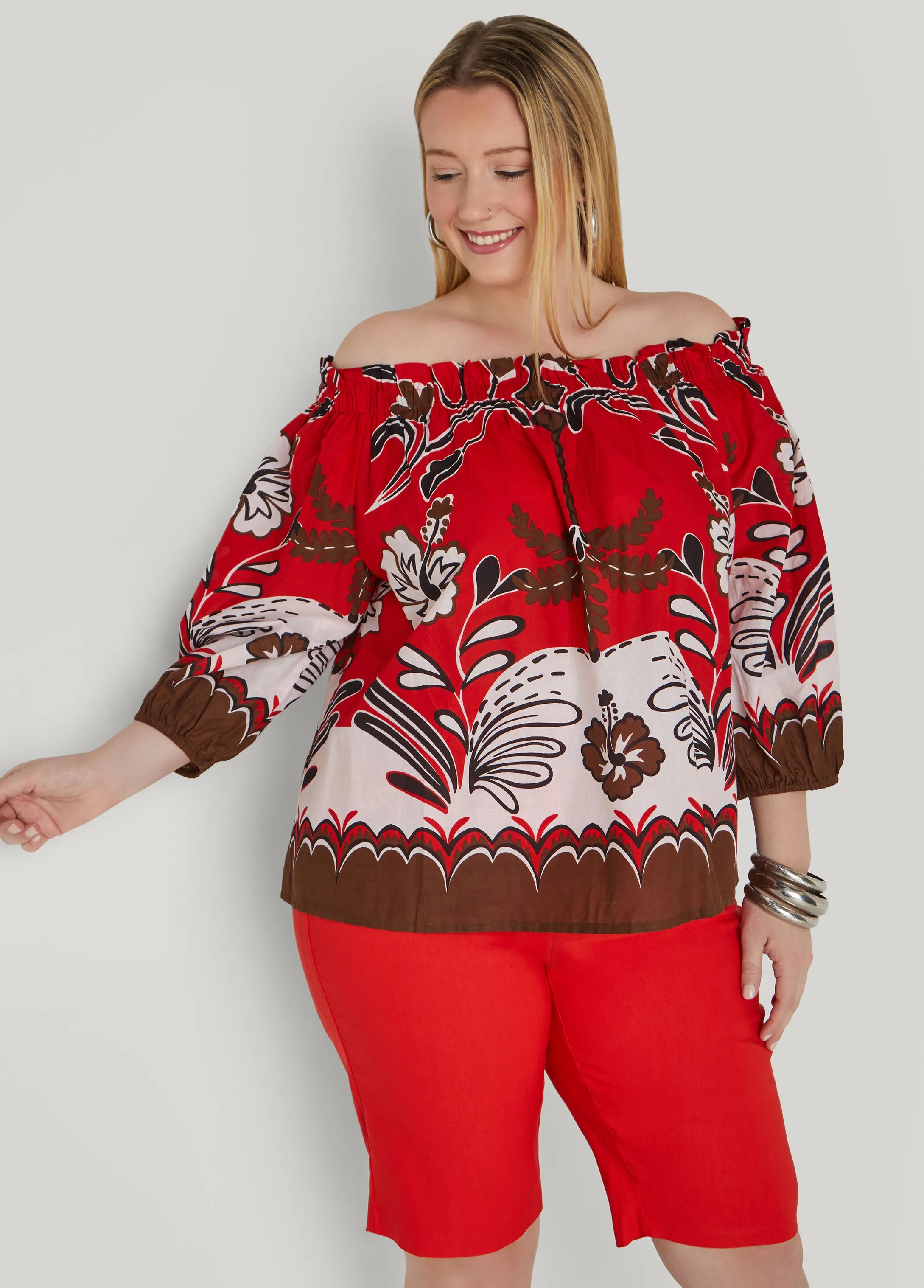 Off The Shoulder Scarf Print Top