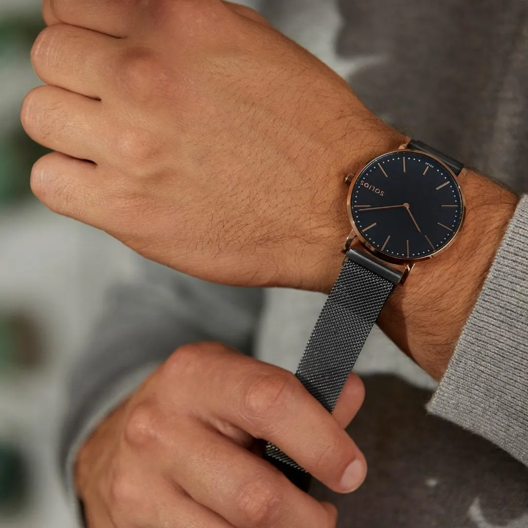 Solar Watch with Black & Rose Gold Dial  | Black Vegan Leather Strap
