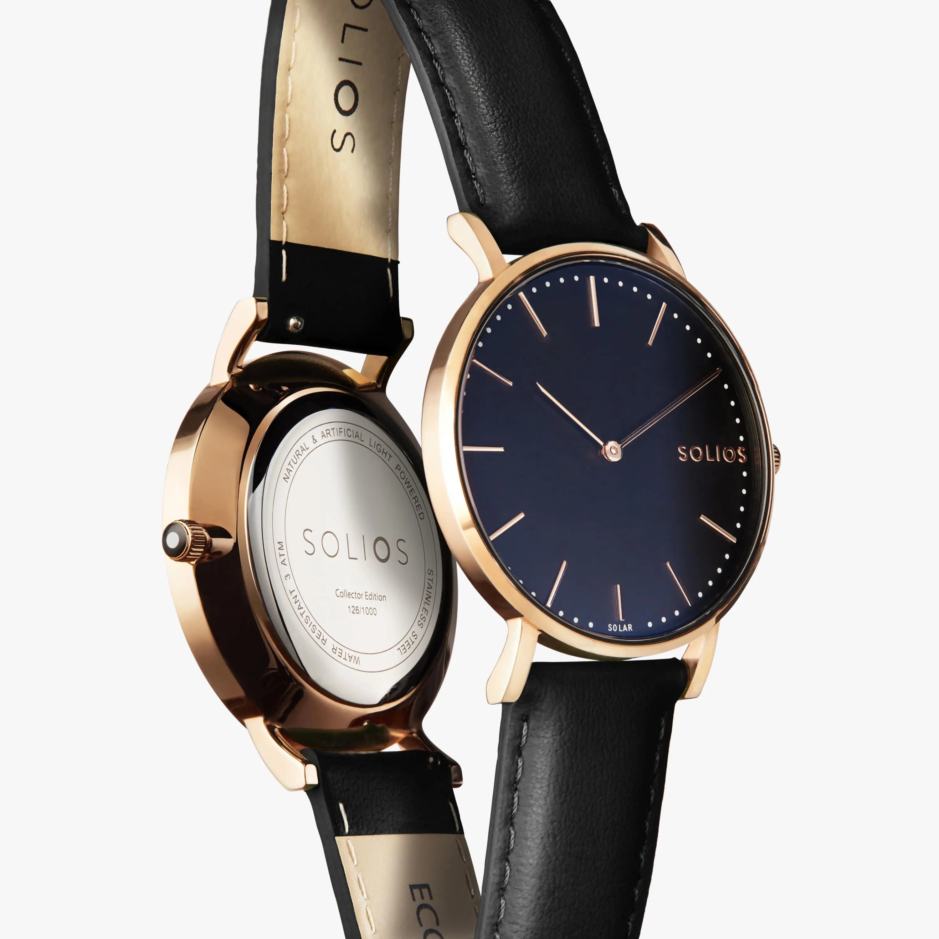 Solar Watch with Black & Rose Gold Dial  | Black Vegan Leather Strap
