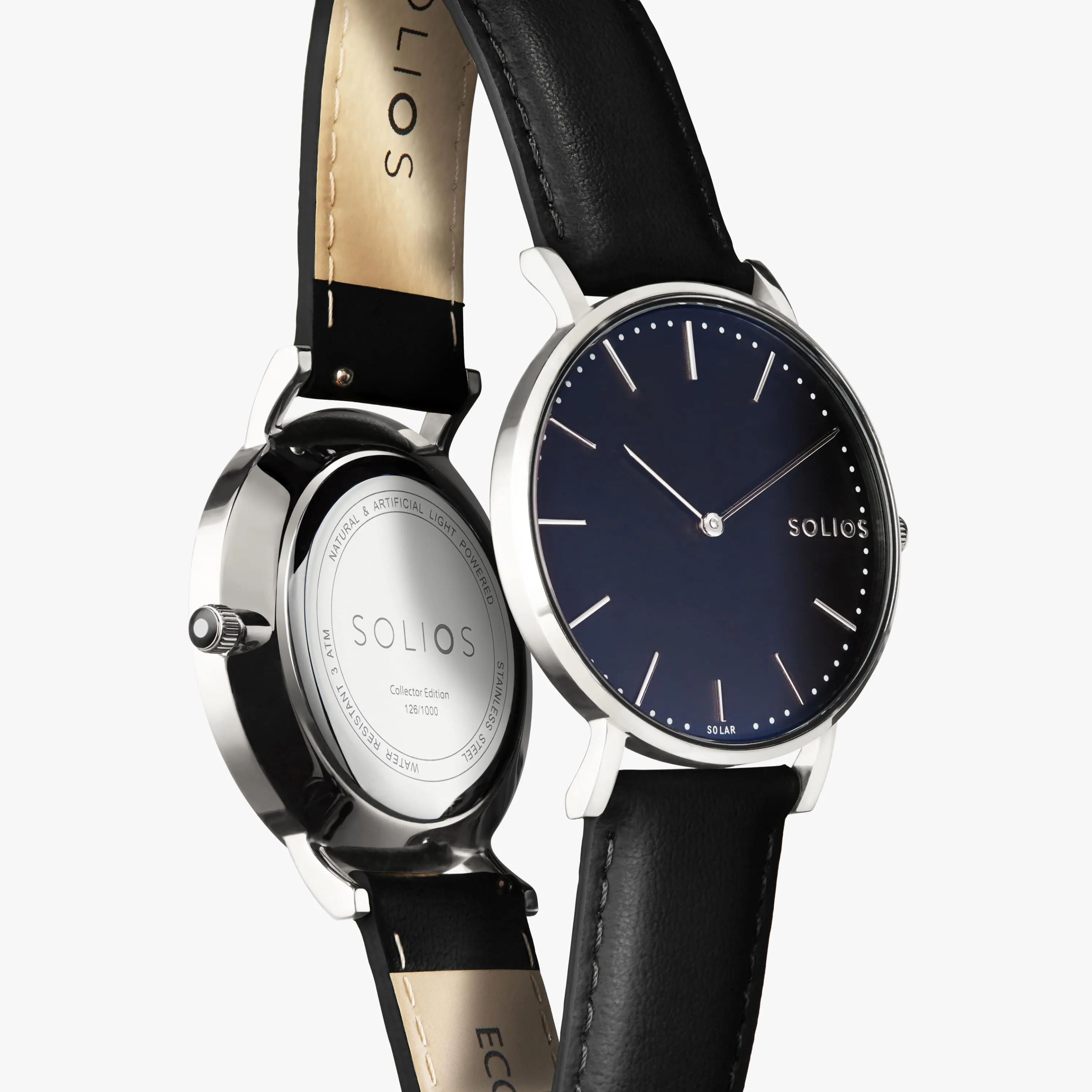 Solar Watch with Black & Silver Dial  | Black Vegan Leather Strap