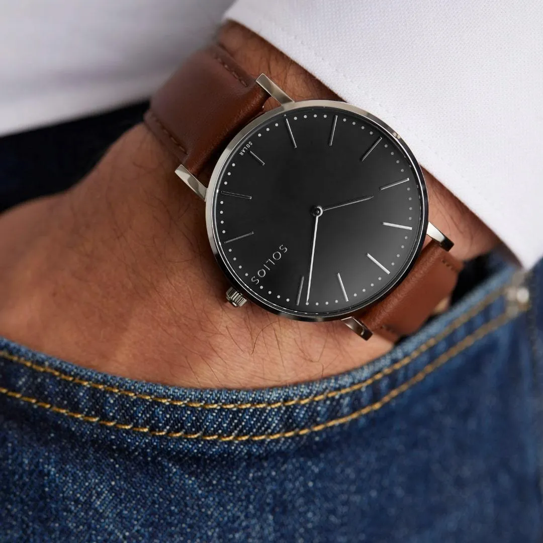 Solar Watch with Black & Silver Dial  | Black Vegan Leather Strap