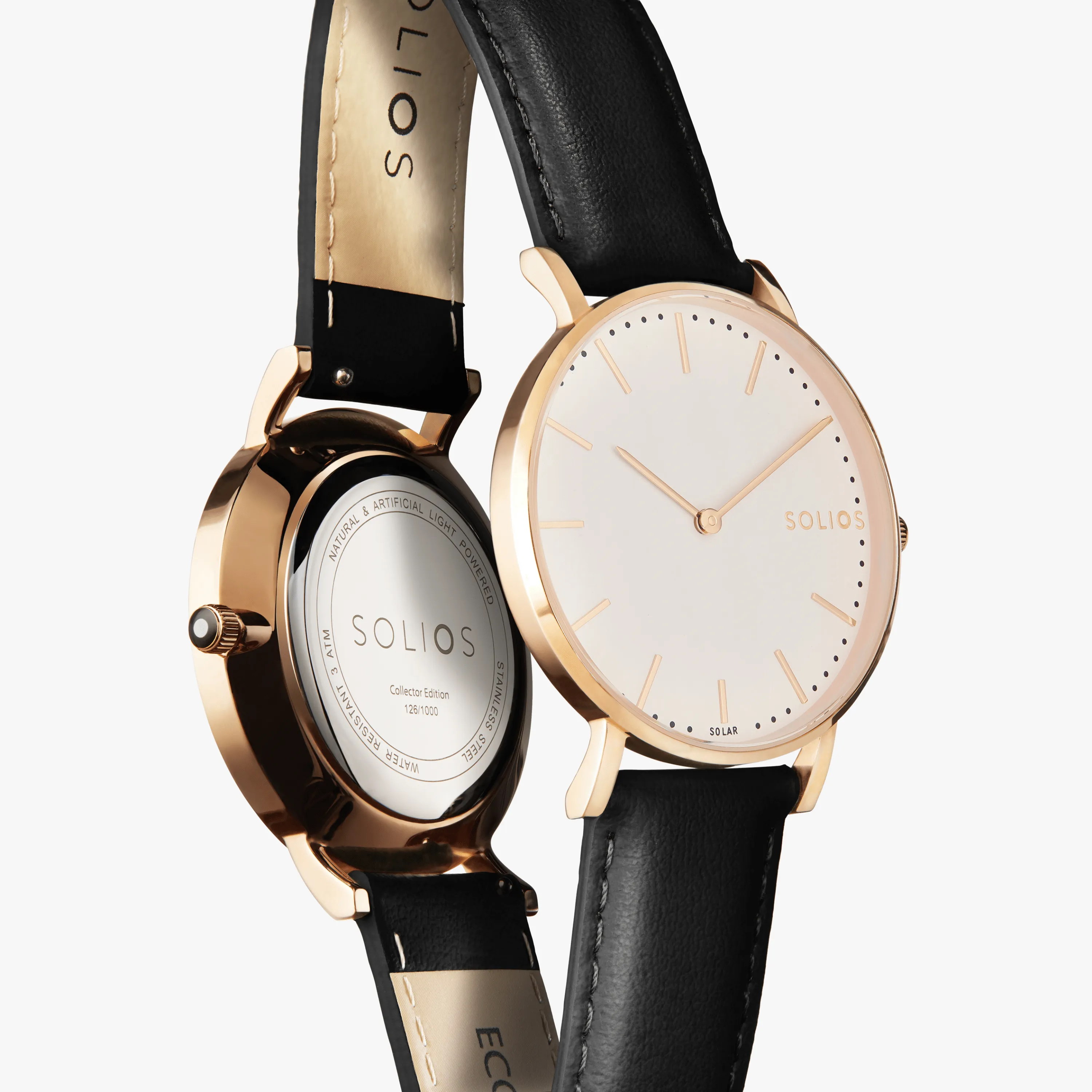 Solar Watch with White & Rose Gold Dial  | Black Vegan Leather Strap