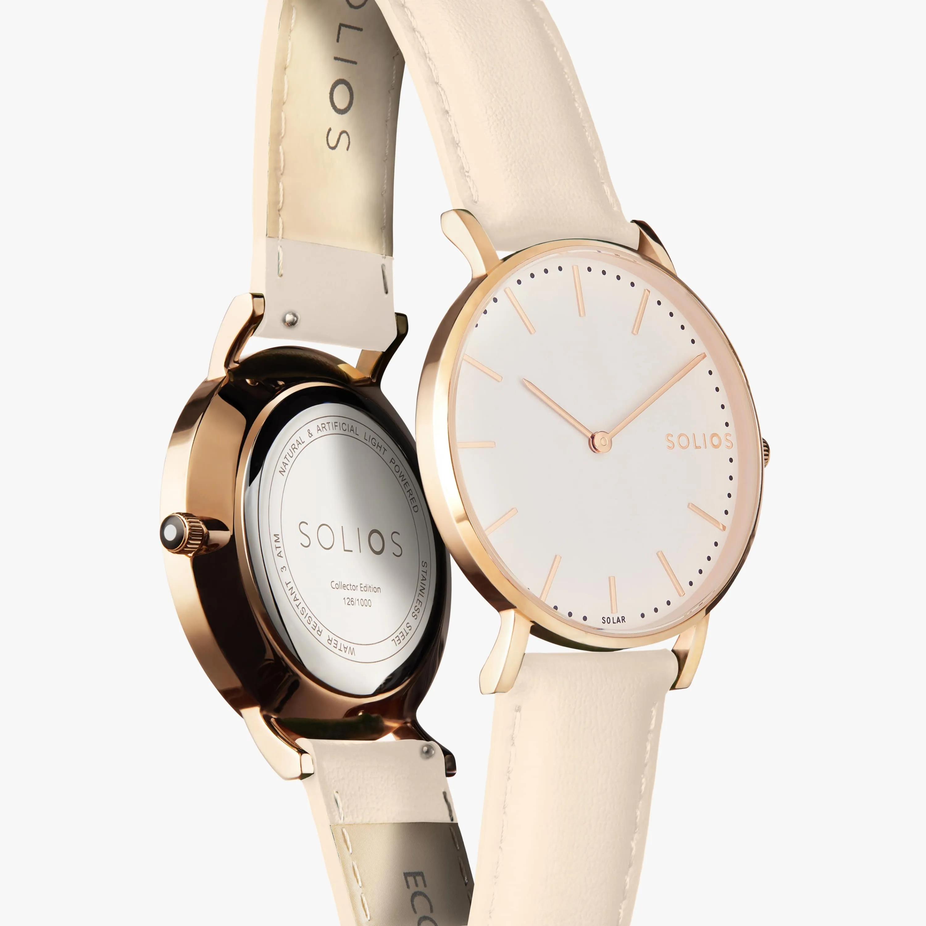 Solar Watch with White & Rose Gold Dial  | Cream Vegan Leather Strap