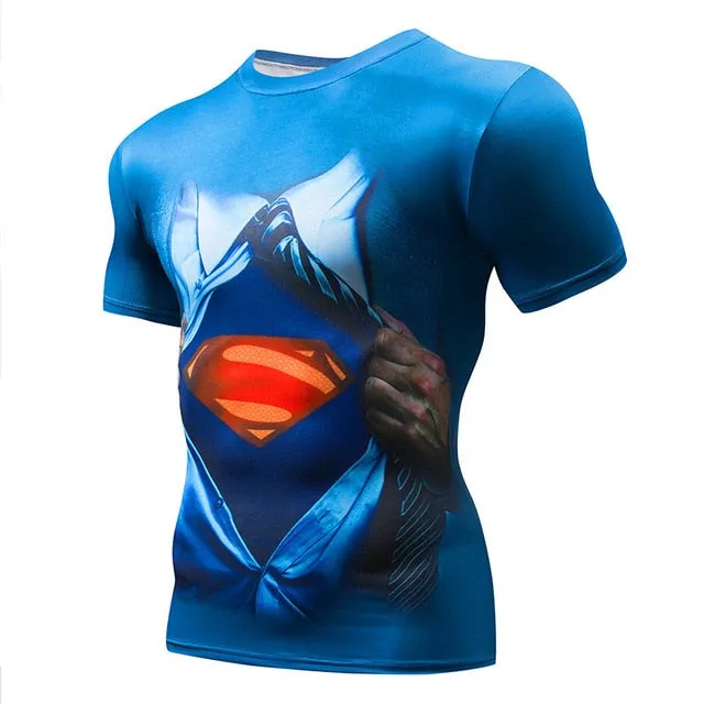 Superman Print Men's Compression Shirt Batman Slim Tights Cycling Base Level Gym Jersey Fitness Sports Underwear Apparel MMA