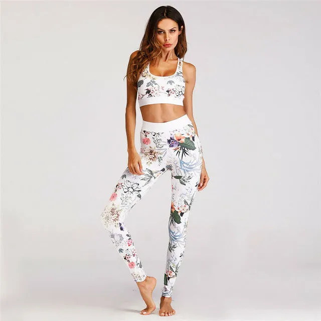 Women's Apparel Sports Gym Yoga Suit Floral Yoga Vest Yoga Pants Workout Activewear 2 Pieces Top Leggings OUtfits Set 3Colors
